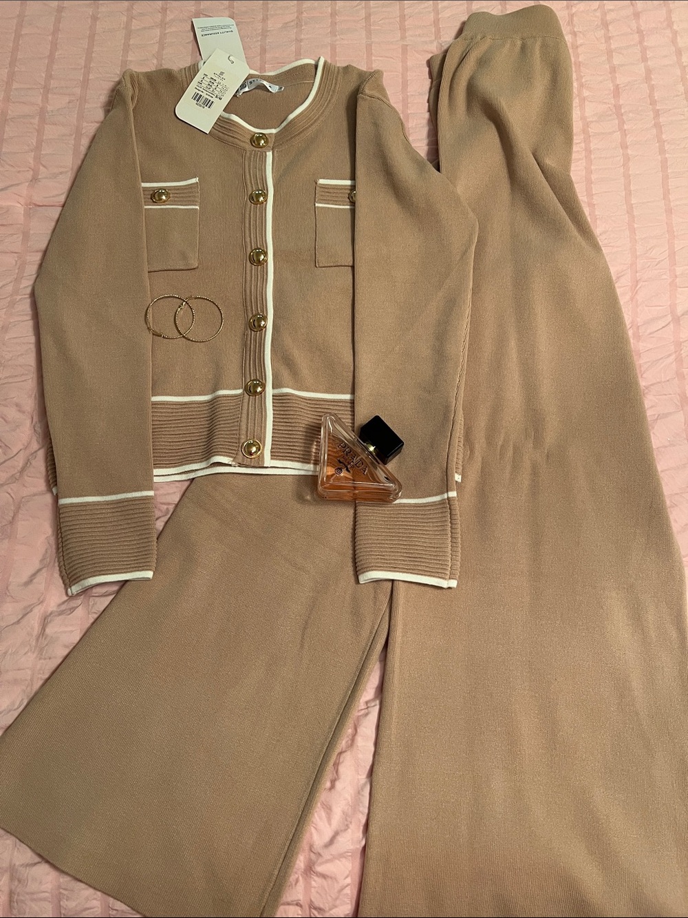 Wide Leg Knit Pants - Beige Two-Piece Set